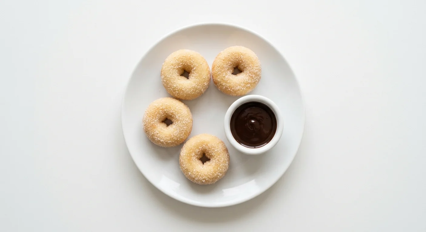 Pizza Hut Kids Mini Donuts with Chocolate Sauce, 5 sugar-dusted mini donuts with chocolate dipping sauce, on a white plate, nutrition and calories