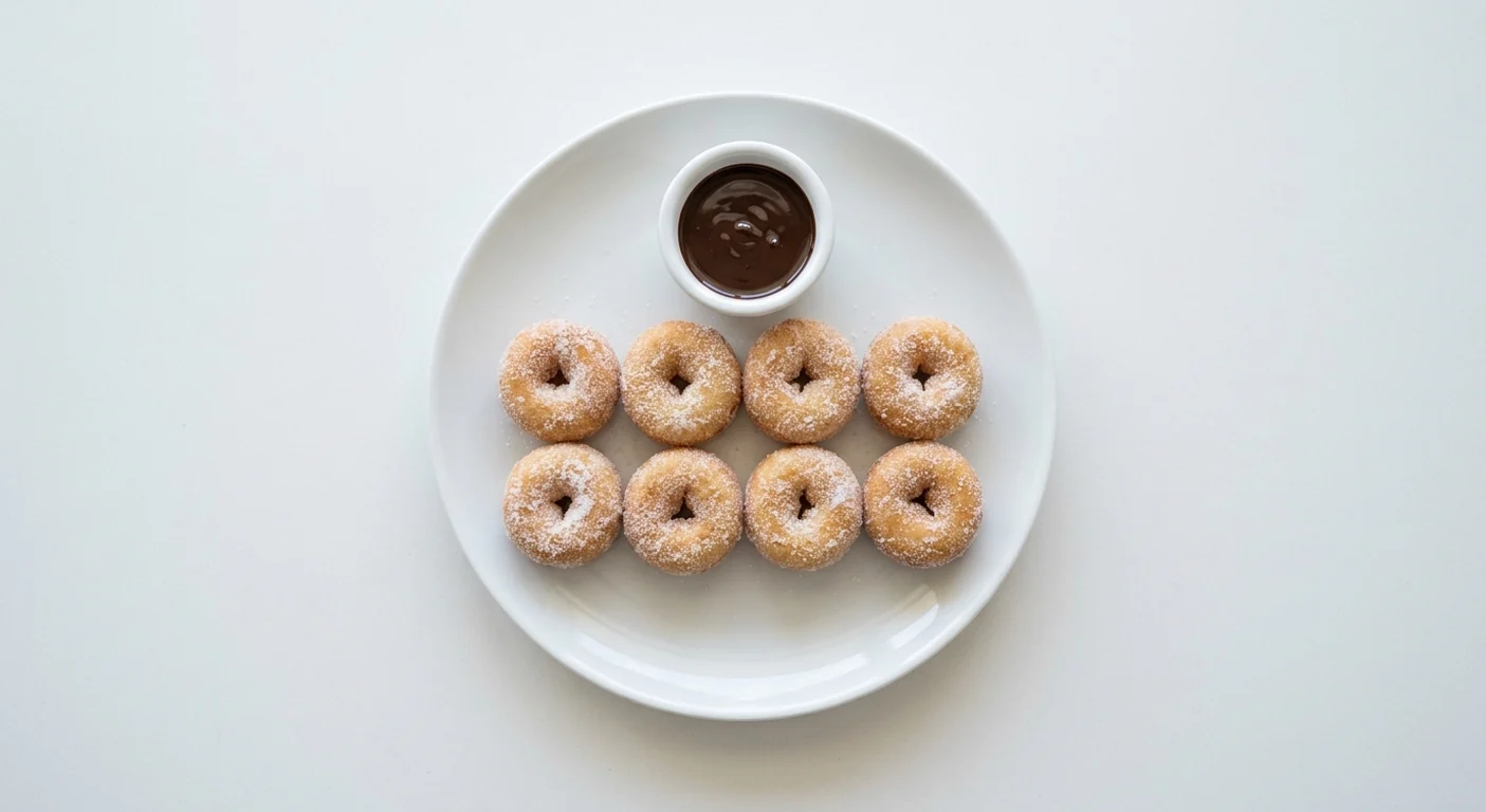 Pizza Hut Mini Donuts with Chocolate Sauce, 8 sugar-dusted mini donuts with chocolate dipping sauce, on a white plate, nutrition and calories