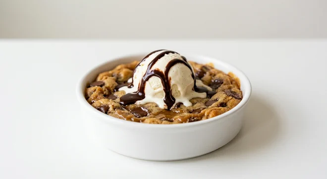 Pizza Hut Chocolate Chip Cookie Dough, warm chocolate chip cookie dough with vanilla ice cream and chocolate sauce, in a white dish, nutrition and calories