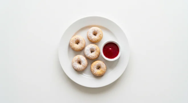 Pizza Hut Kids Mini Donuts with Raspberry Sauce, 5 sugar-dusted mini donuts with raspberry dipping sauce, on a white plate, nutrition and calories