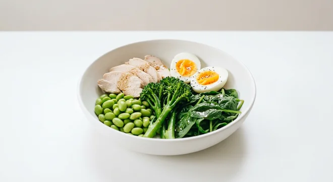Pret A Manger Chicken & Greens Protein Plate, chicken, egg, broccoli and edamame in a wide bowl, nutrition and calories
