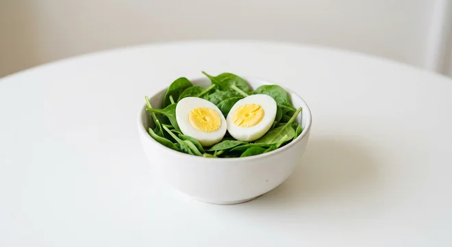 Pret A Manger Egg & Spinach Protein Pot, two boiled egg halves on spinach in a small bowl, nutrition and calories
