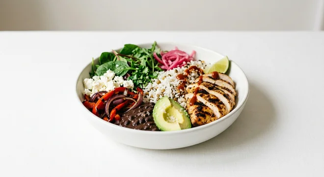 Pret A Manger Chipotle Chicken, chipotle chicken, rice, black beans, avocado and feta in a wide bowl, nutrition and calories