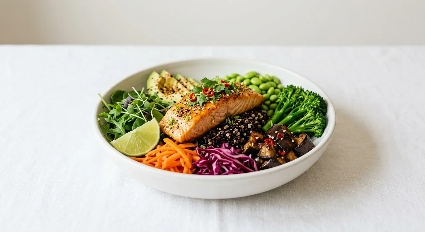Pret A Manger Miso Salmon, roast salmon, black rice, aubergine and broccoli in a wide bowl, nutrition and calories