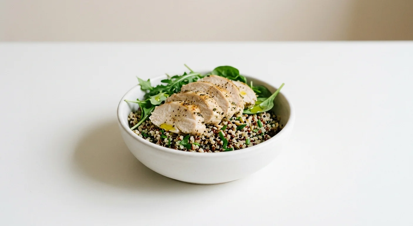 Pret A Manger Chicken and Quinoa Protein Pot, chicken and quinoa in a small bowl, nutrition and calories