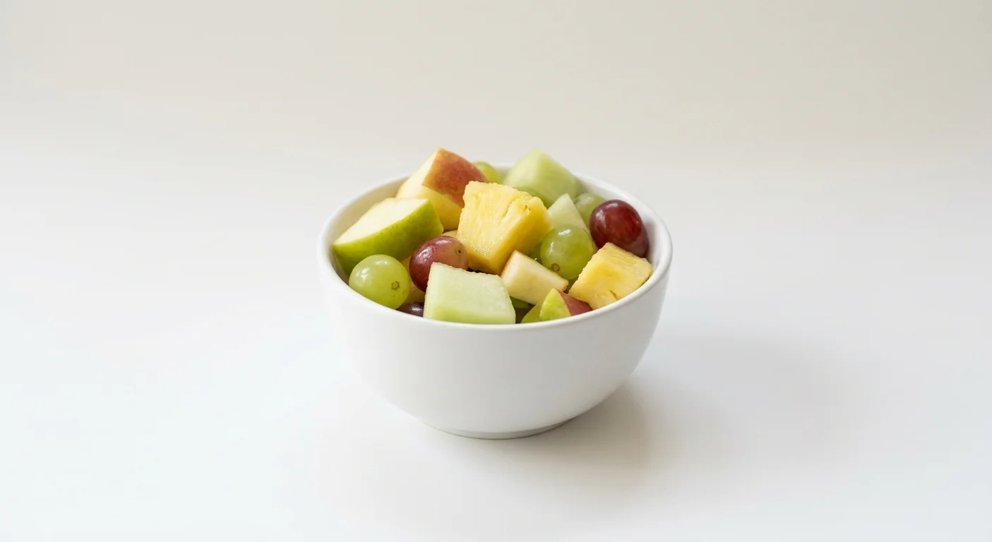 Pret A Manger Fruit Salad, apple, pineapple, melon and grape fruit salad in a small bowl, nutrition and calories
