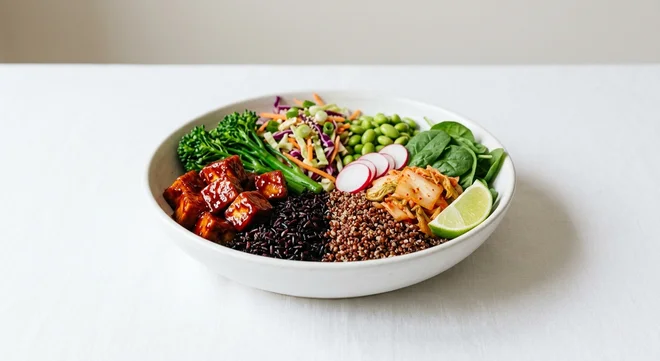 Pret A Manger Korean BBQ Tofu, BBQ tofu, black rice, kimchi and edamame in a wide bowl, nutrition and calories