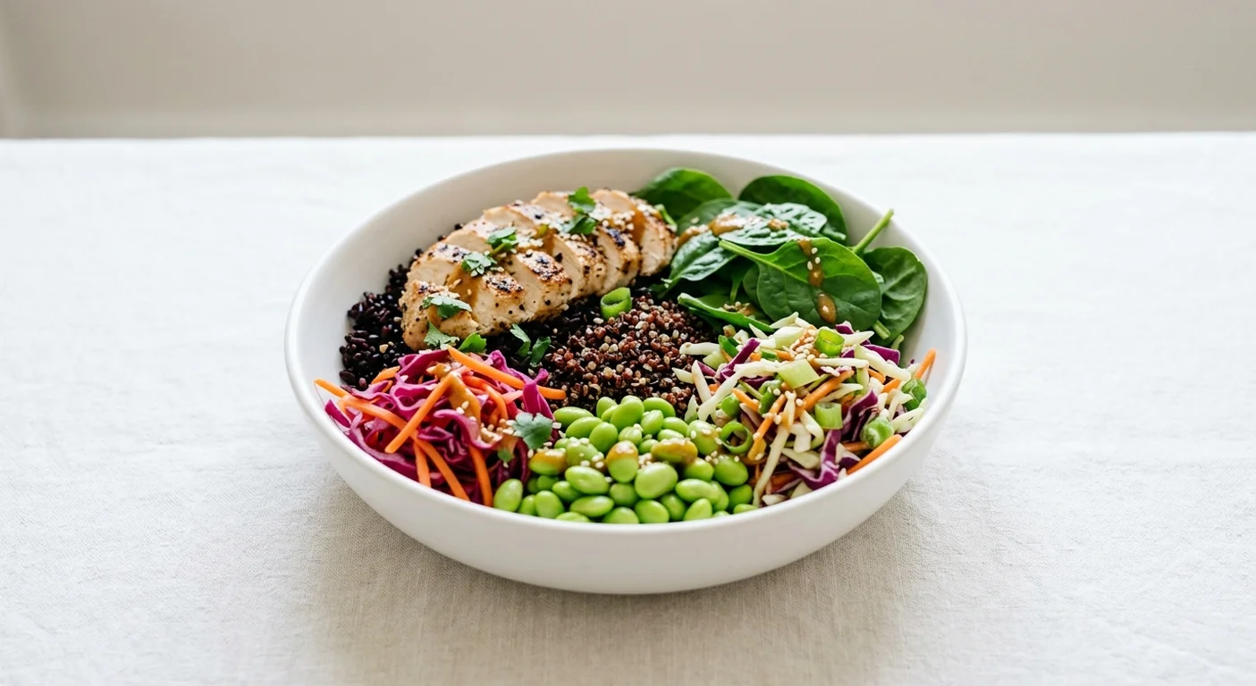 Pret A Manger Miso Chicken Rice Bowl, miso chicken, black rice, slaw and edamame in a wide bowl, nutrition and calories