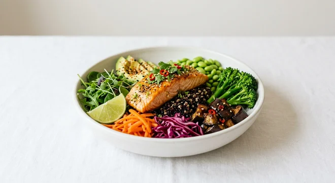 Pret A Manger Miso Salmon, roast salmon, black rice, aubergine and broccoli in a wide bowl, nutrition and calories