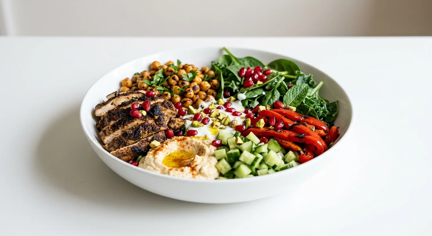 Pret A Manger Shawarma Chicken, shawarma chicken, chickpeas, humous and pomegranate in a wide bowl, nutrition and calories
