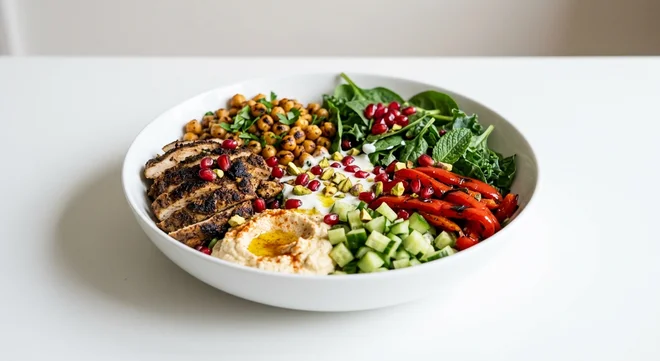 Pret A Manger Shawarma Chicken, shawarma chicken, chickpeas, humous and pomegranate in a wide bowl, nutrition and calories