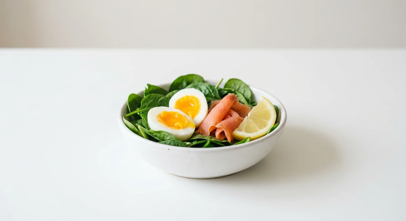 Pret A Manger Smoked Salmon & Egg Protein Pot, smoked salmon, egg halves and spinach in a small bowl, nutrition and calories