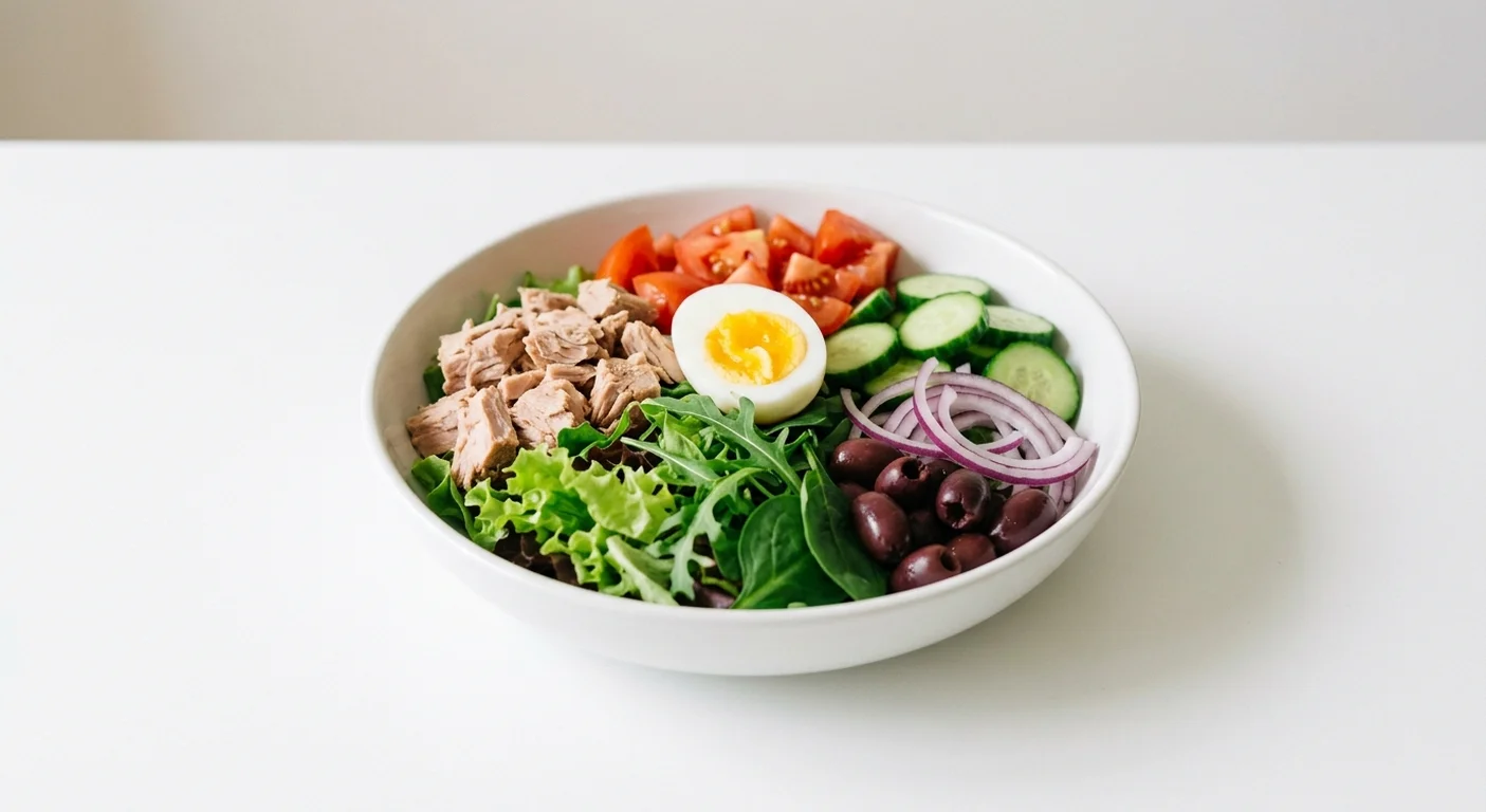 Pret A Manger Tuna Nicoise Salad, tuna, egg, olive and tomato Nicoise salad in a wide bowl, nutrition and calories