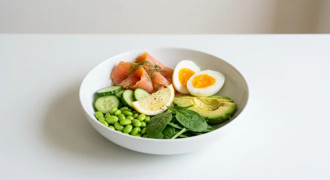 Pret A Manger Smoked Salmon & Egg Protein Plate, smoked salmon, egg, avocado and edamame in a wide bowl, nutrition and calories
