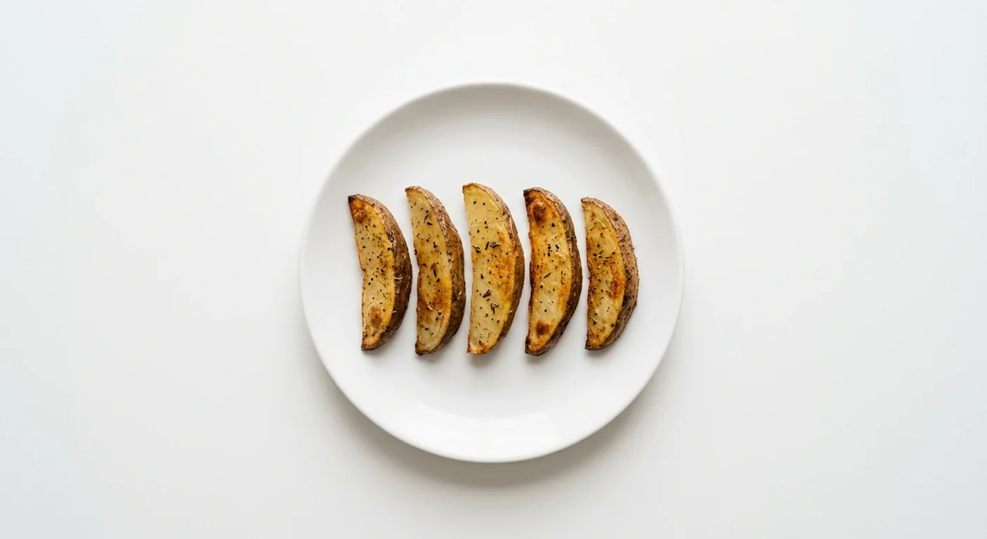Pizza Hut Potato Wedges, 5 seasoned skin-on potato wedges, on a white plate, nutrition and calories