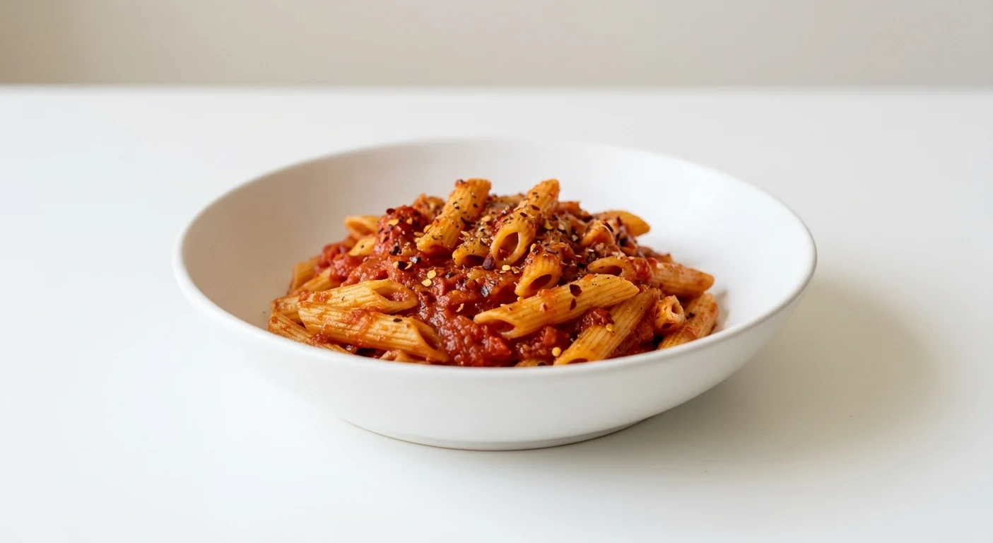 Pizza Hut Penne Arrabbiata, penne in a spicy tomato arrabbiata sauce with chilli flakes, in a white bowl, nutrition and calories