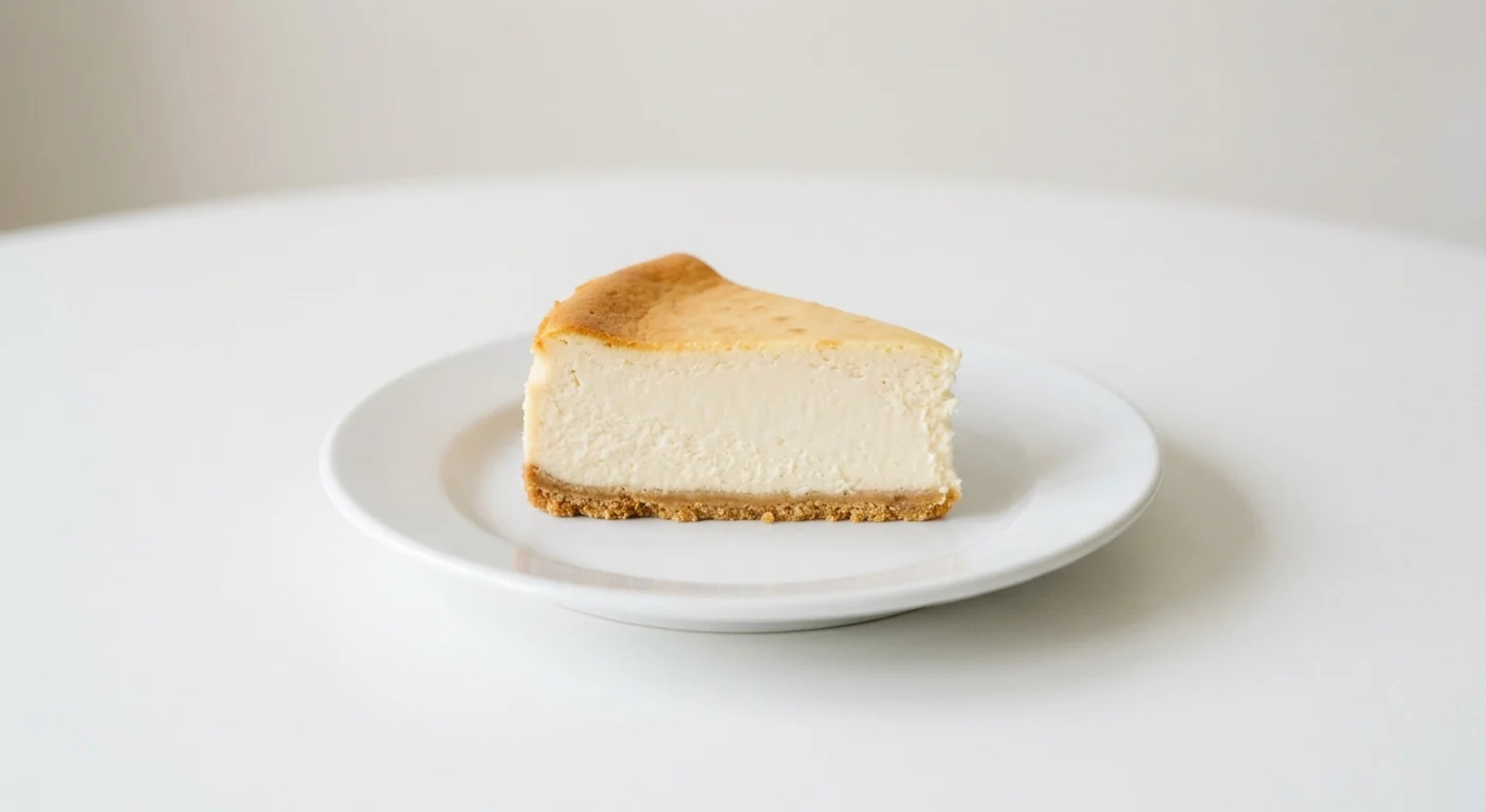 Pizza Hut New York Cheesecake, slice of baked New York cheesecake, on a white plate, nutrition and calories