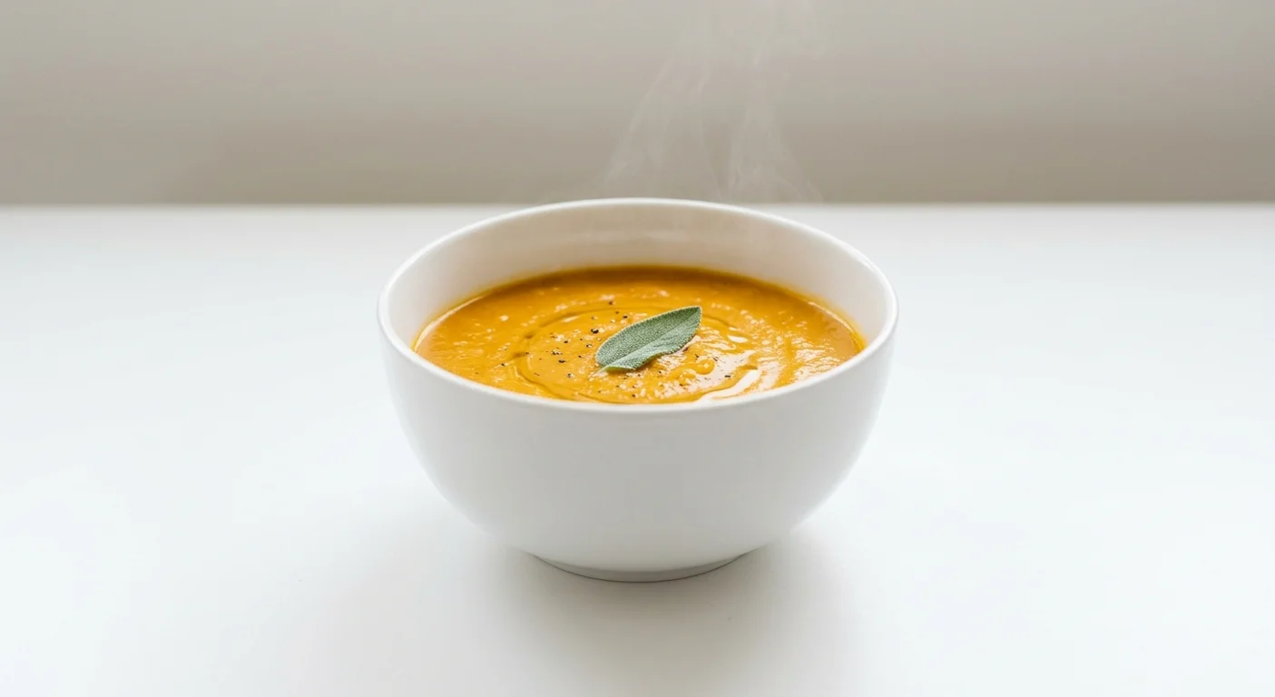 Pret A Manger Butternut & Sage Soup, smooth butternut squash and sage soup in a deep bowl, nutrition and calories