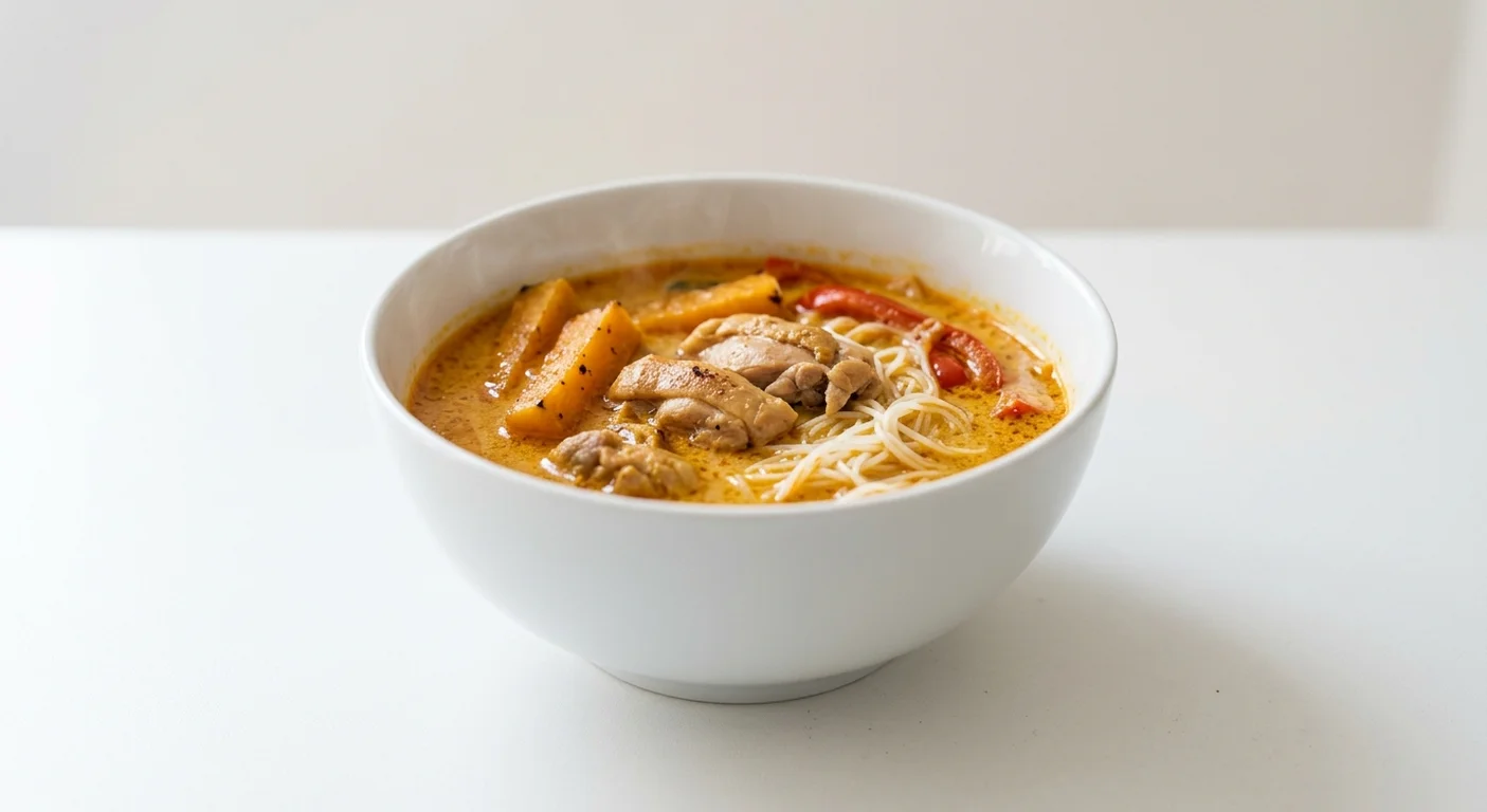Pret A Manger Chicken Laksa Side Soup, coconut chicken laksa with noodles in a deep bowl, nutrition and calories