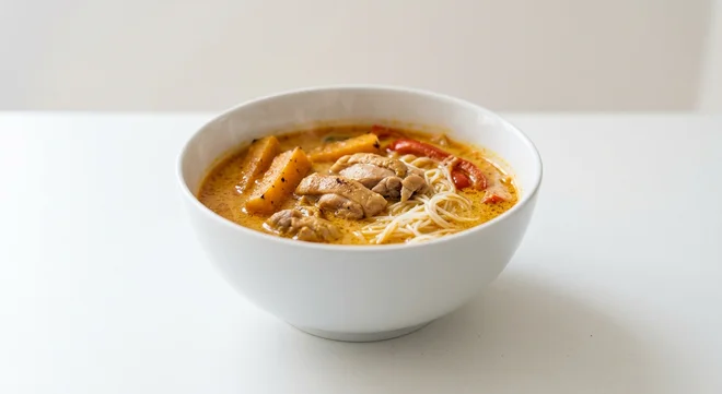 Pret A Manger Chicken Laksa Side Soup, coconut chicken laksa with noodles in a deep bowl, nutrition and calories