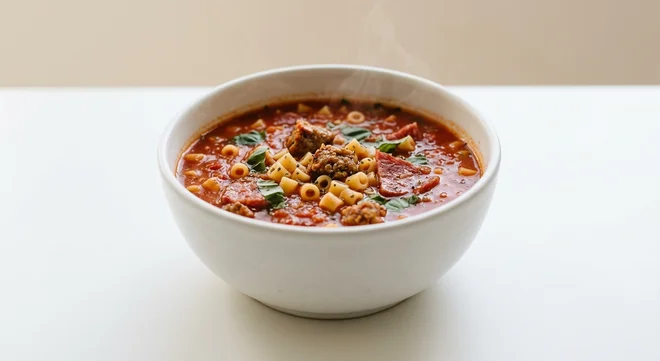 Pret A Manger Pret's Lasagne Side Soup, tomato, pasta and sausage lasagne soup in a deep bowl, nutrition and calories