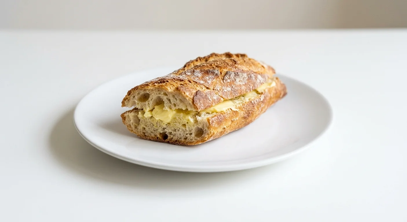 Pret A Manger Soup White Baguette with Butter, small white baguette with butter on a white plate, nutrition and calories