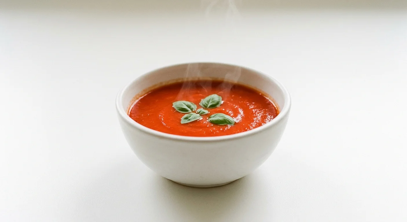 Pret A Manger Tomato and Basil Soup, smooth tomato soup with basil in a deep bowl, nutrition and calories