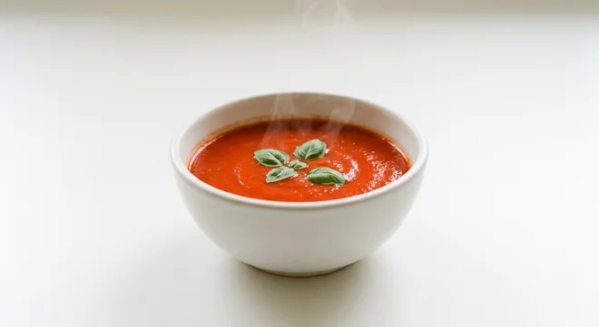 Pret A Manger Souper Tomato, smooth tomato soup with basil in a deep bowl, nutrition and calories