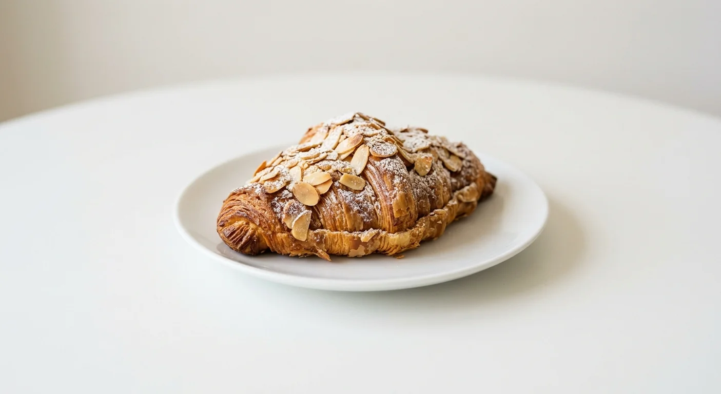 Pret A Manger Almond Croissant, almond croissant with flaked almonds on a white plate, nutrition and calories