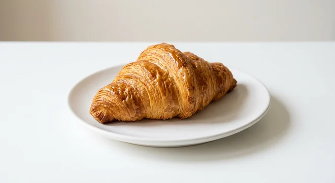 Pret A Manger All Butter Croissant, all-butter croissant on a white plate, nutrition and calories