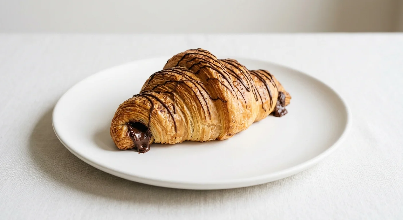 Pret A Manger Chocolate Croissant, chocolate croissant with chocolate drizzle on a white plate, nutrition and calories