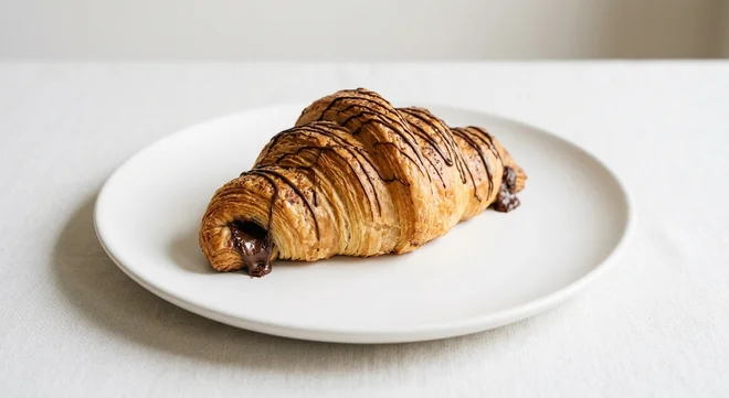 Pret A Manger Chocolate Croissant, chocolate croissant with chocolate drizzle on a white plate, nutrition and calories
