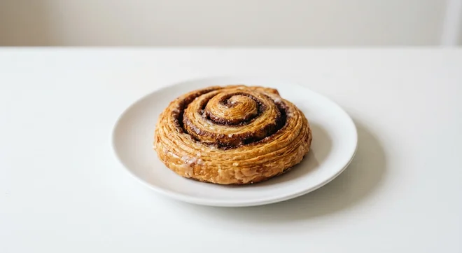 Pret A Manger Cinnamon Danish, cinnamon swirl danish on a white plate, nutrition and calories