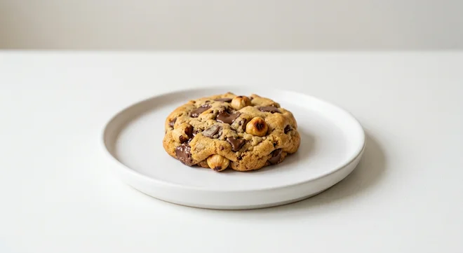 Pret A Manger Chocolate Hazelnut Praline Cookie, chocolate and hazelnut cookie on a white plate, nutrition and calories