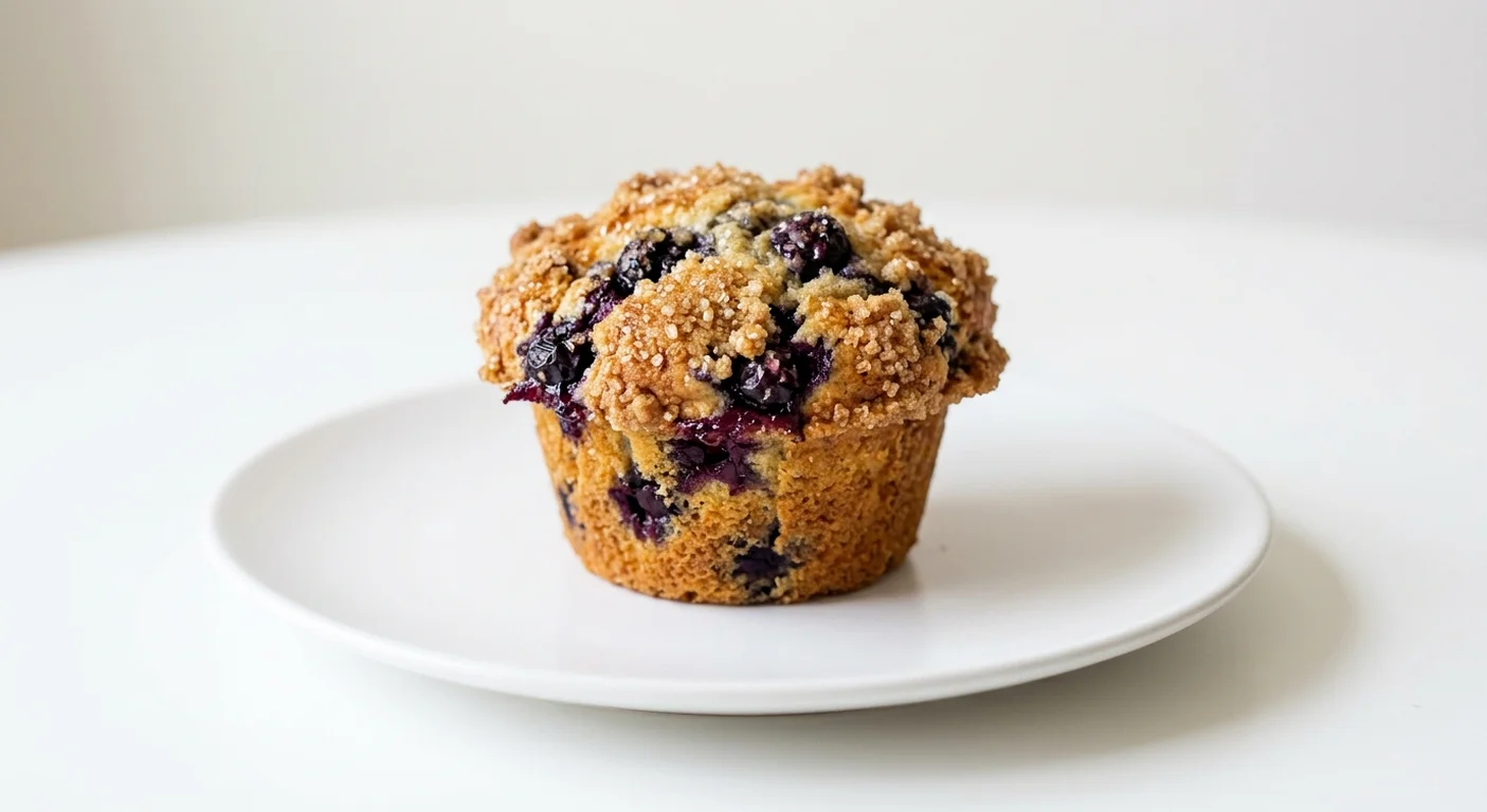 Pret A Manger Double Berry Muffin, blueberry muffin with demerara top on a white plate, nutrition and calories