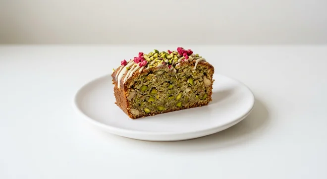 Pret A Manger Nutty Pistachio & Almond Loaf Cake, slice of pistachio loaf cake with white chocolate drizzle on a white plate, nutrition and calories