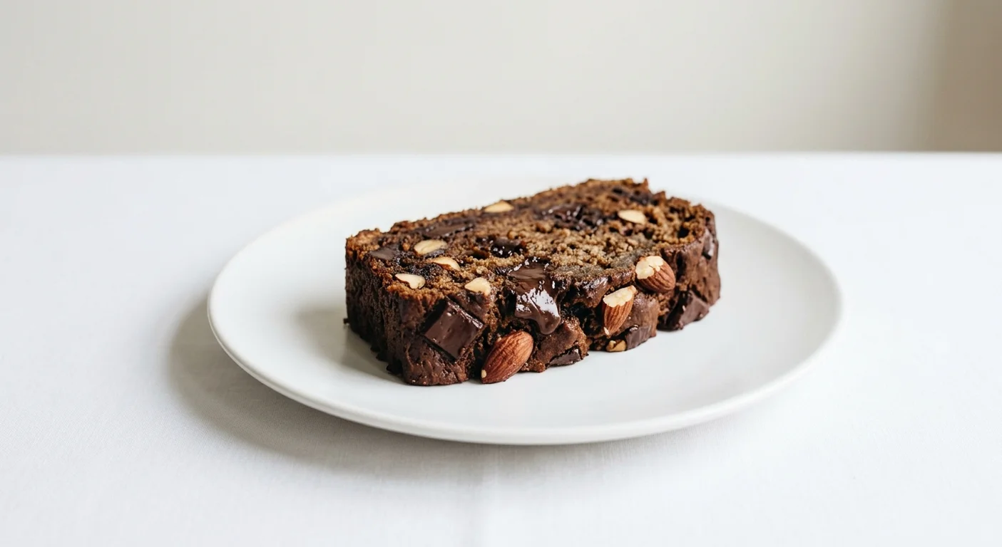 Pret A Manger Loaded Chocolate Chunk Banana Bread, slice of chocolate chunk banana bread on a white plate, nutrition and calories