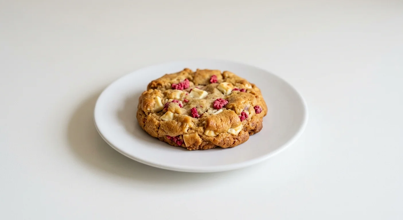 Pret A Manger Raspberry & White Chocolate Cookie, raspberry and white chocolate cookie on a white plate, nutrition and calories