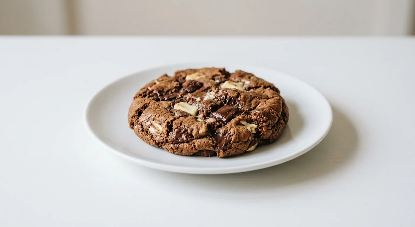Pret A Manger Triple Chocolate Cookie, triple chocolate cookie on a white plate, nutrition and calories