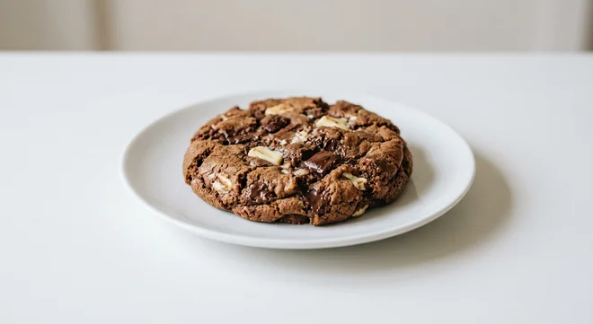 Pret A Manger Triple Chocolate Cookie, triple chocolate cookie on a white plate, nutrition and calories