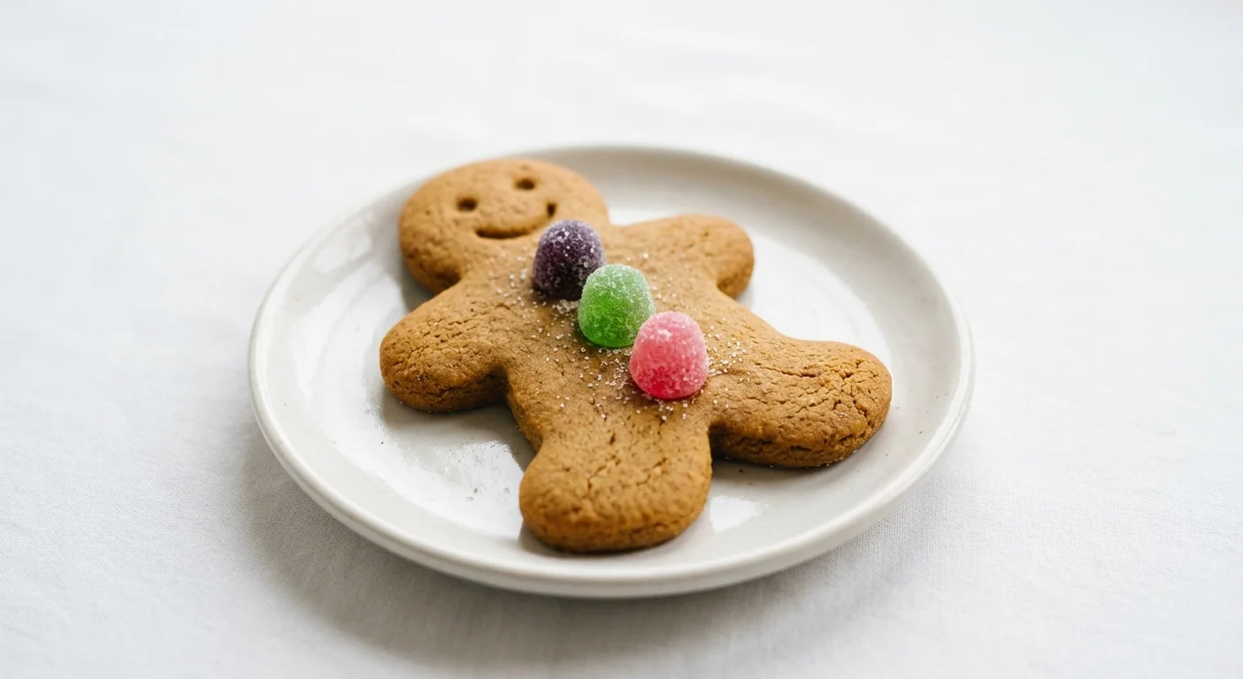 Pret A Manger Pret's Gingerbread Biscuit Godfrey, gingerbread man biscuit with three jelly sweet buttons on a white plate, nutrition and calories