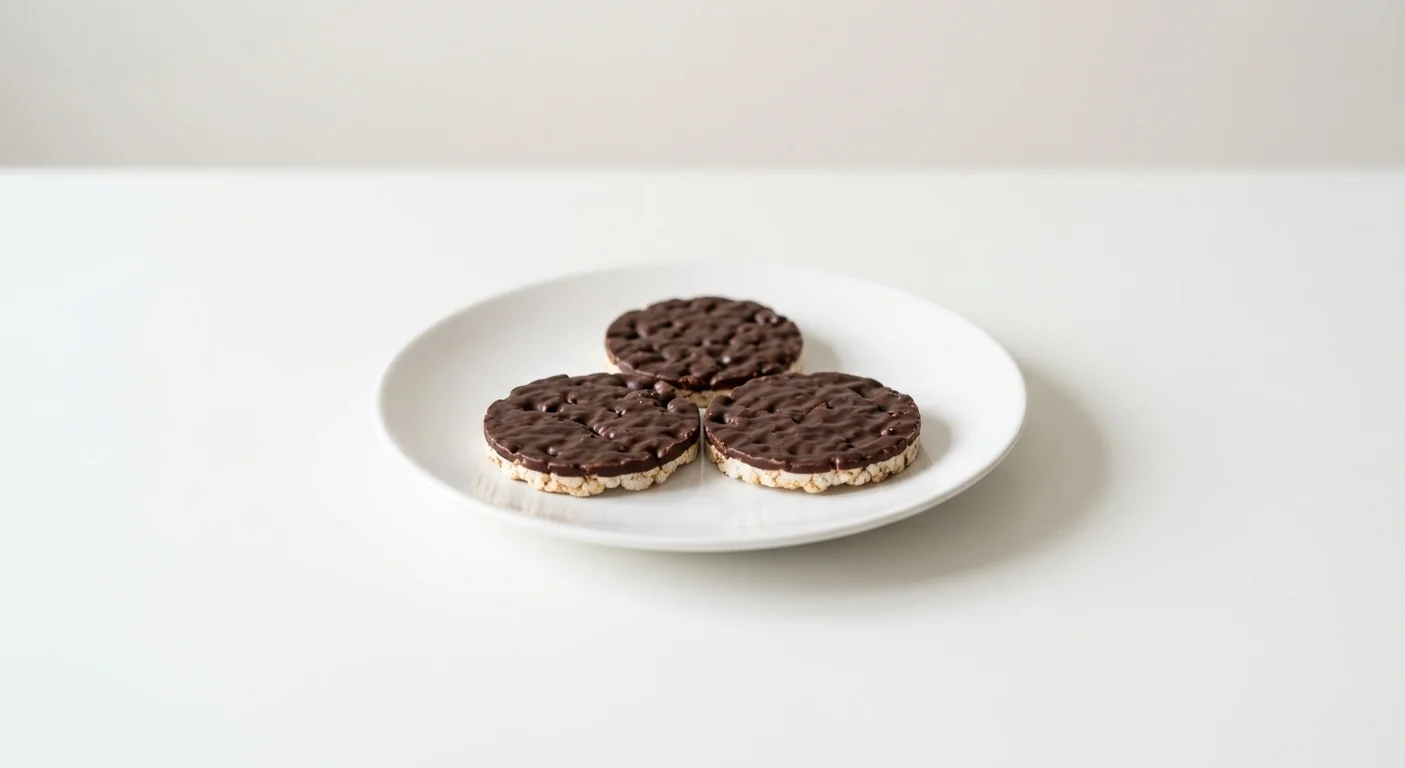 Pret A Manger Dark Chocolate Corn Cakes, three dark chocolate corn cakes on a white plate, nutrition and calories