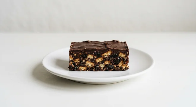 Pret A Manger Choc Bar, chocolate biscuit bar on a white plate, nutrition and calories