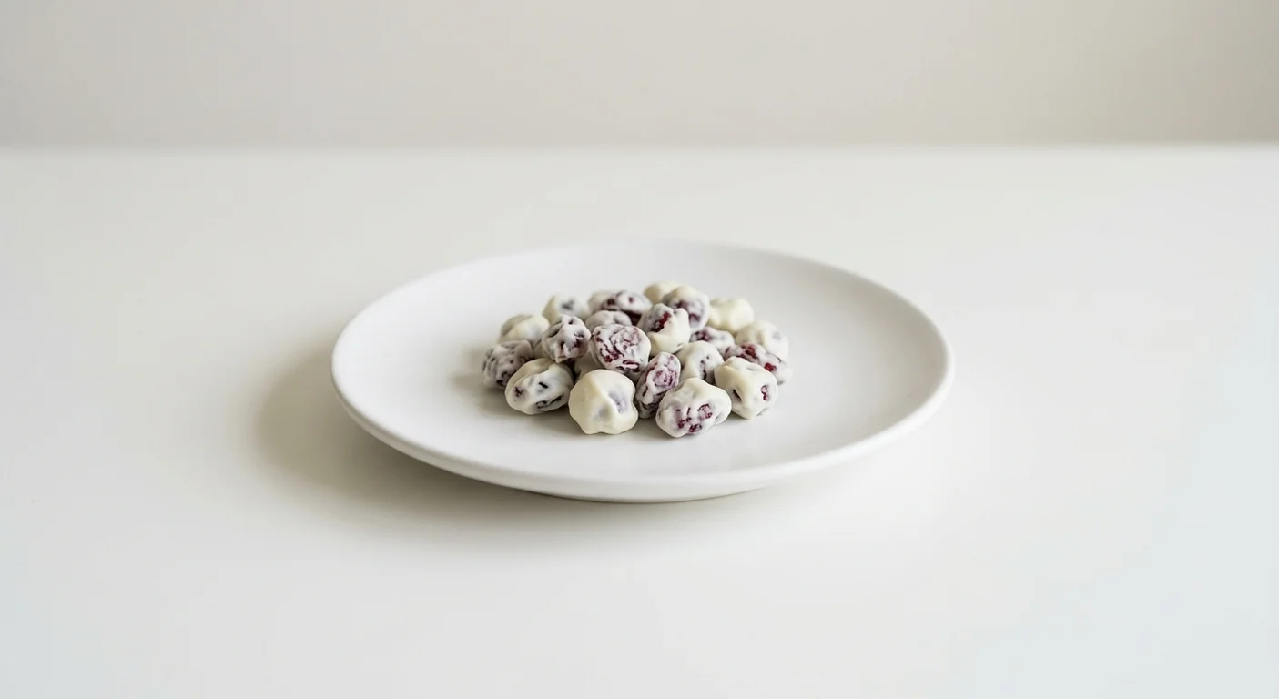 Pret A Manger Cranberries in Coats, yogurt-coated cranberries on a white plate, nutrition and calories
