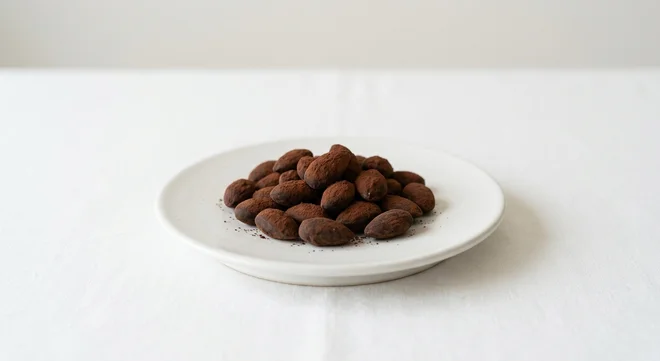 Pret A Manger Dark Chocolate Salted Almonds, cocoa-dusted chocolate almonds on a white plate, nutrition and calories