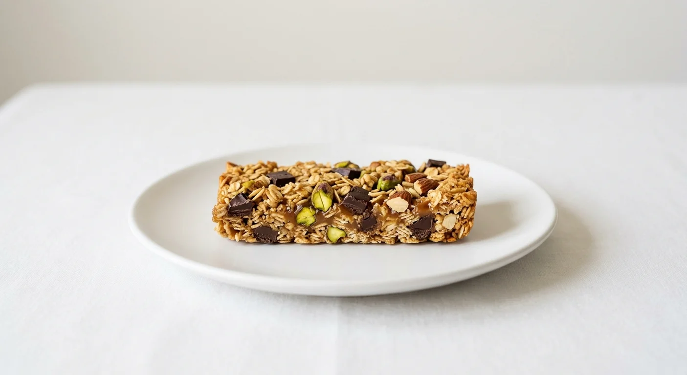 Pret A Manger Love Bar, oat, caramel and pistachio bar on a white plate, nutrition and calories