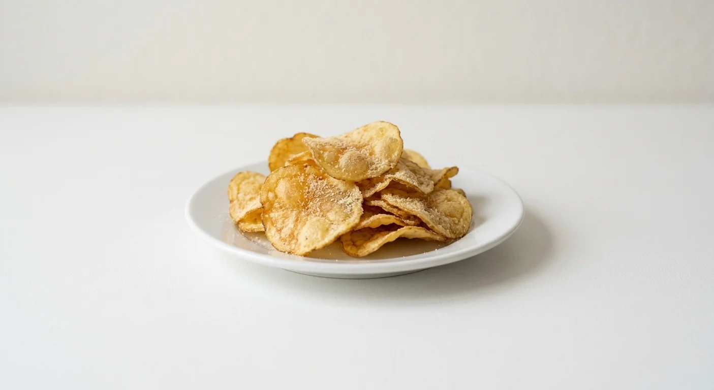 Pret A Manger Mature Cheddar & Red Onion Crisps, cheese and onion crisps on a white plate, nutrition and calories