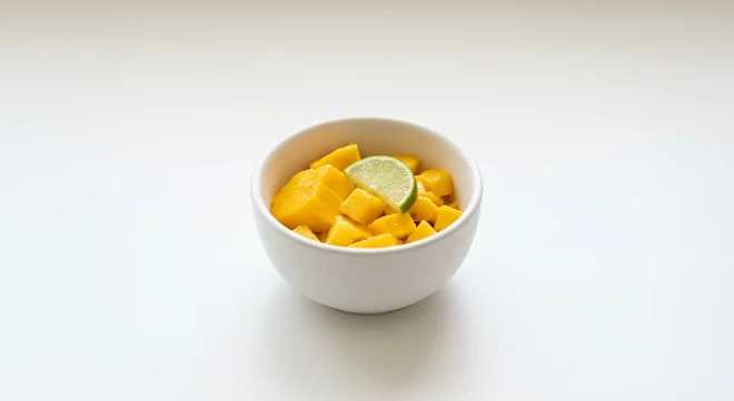 Pret A Manger Mango & Lime, mango chunks with lime in a small bowl, nutrition and calories