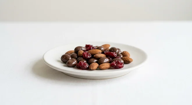 Pret A Manger Nuts, Fruit, Chocolate, almonds, chocolate raisins and cranberries on a white plate, nutrition and calories