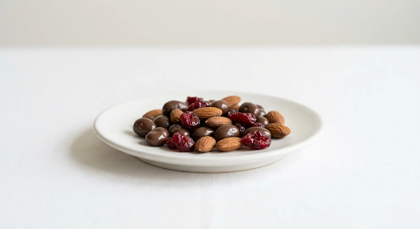 Pret A Manger Nuts, Fruit, Chocolate, almonds, chocolate raisins and cranberries on a white plate, nutrition and calories